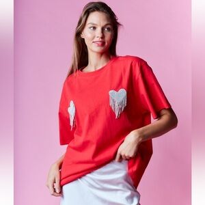 884. Sparkly Crystal Fringe Heart T Shirt Red